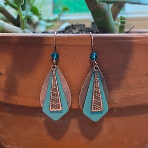 Teal enamel, crystal and copper Earrings